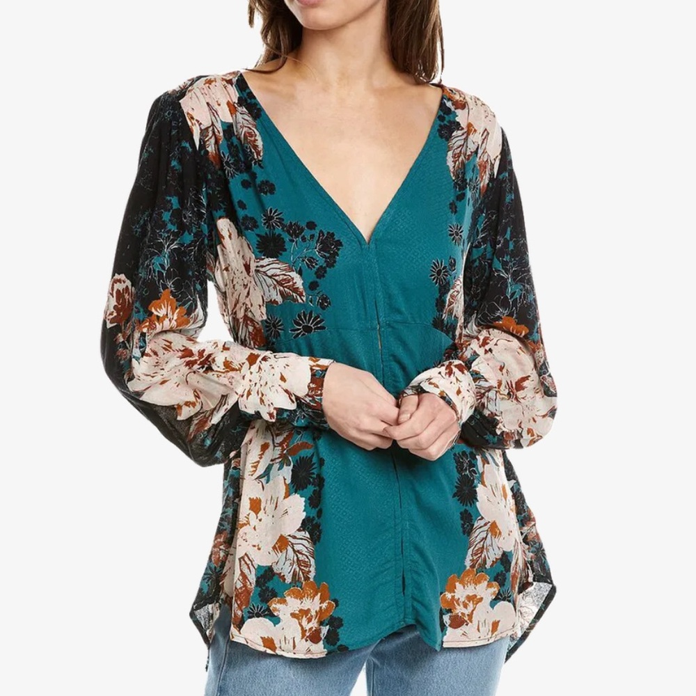 Free People Mikayla Printed Tunic Green With Bishop Sleeves And Shirred Back Sm